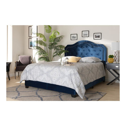 Navy Blue Velvet Fabric Upholstered Queen Size Button Tufted Bed