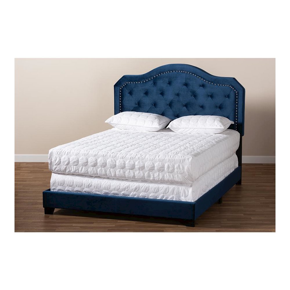 Navy Blue Velvet Fabric Upholstered Queen Size Button Tufted Bed