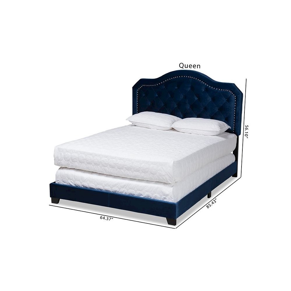 Navy Blue Velvet Fabric Upholstered Queen Size Button Tufted Bed
