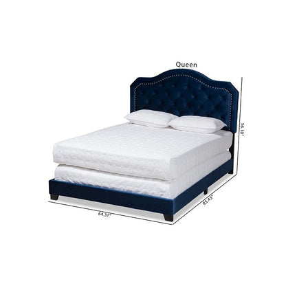 Navy Blue Velvet Fabric Upholstered Queen Size Button Tufted Bed