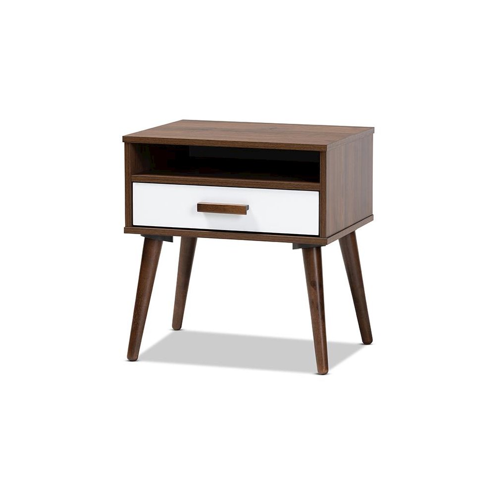 Two-Tone White and Walnut Finished 1-Drawer Wood End Table