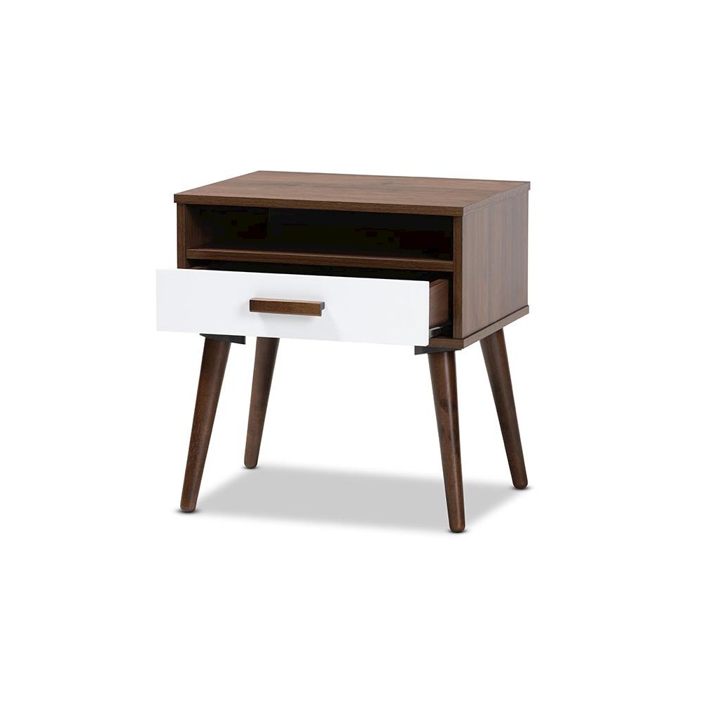 Two-Tone White and Walnut Finished 1-Drawer Wood End Table