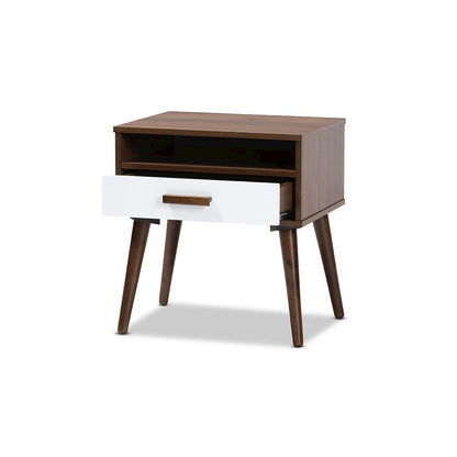 Two-Tone White and Walnut Finished 1-Drawer Wood End Table