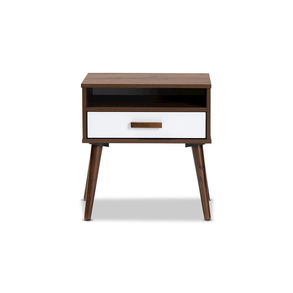 Two-Tone White and Walnut Finished 1-Drawer Wood End Table