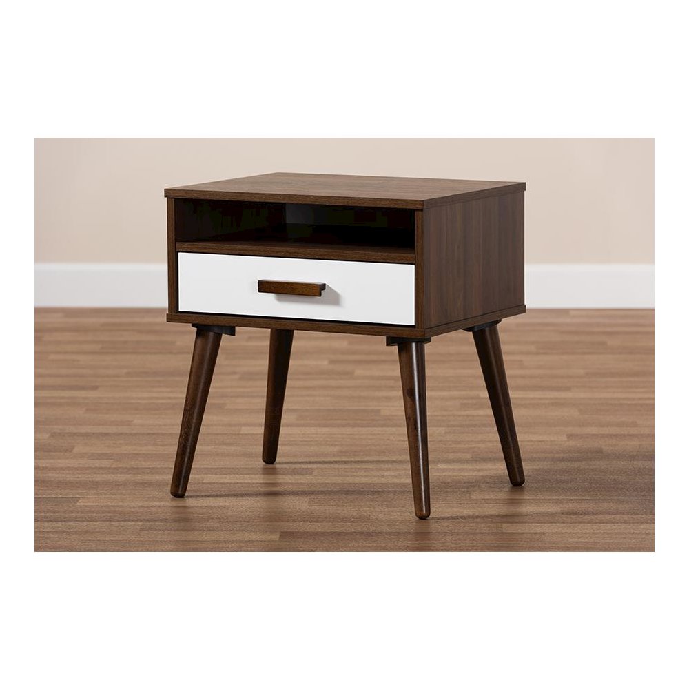 Two-Tone White and Walnut Finished 1-Drawer Wood End Table
