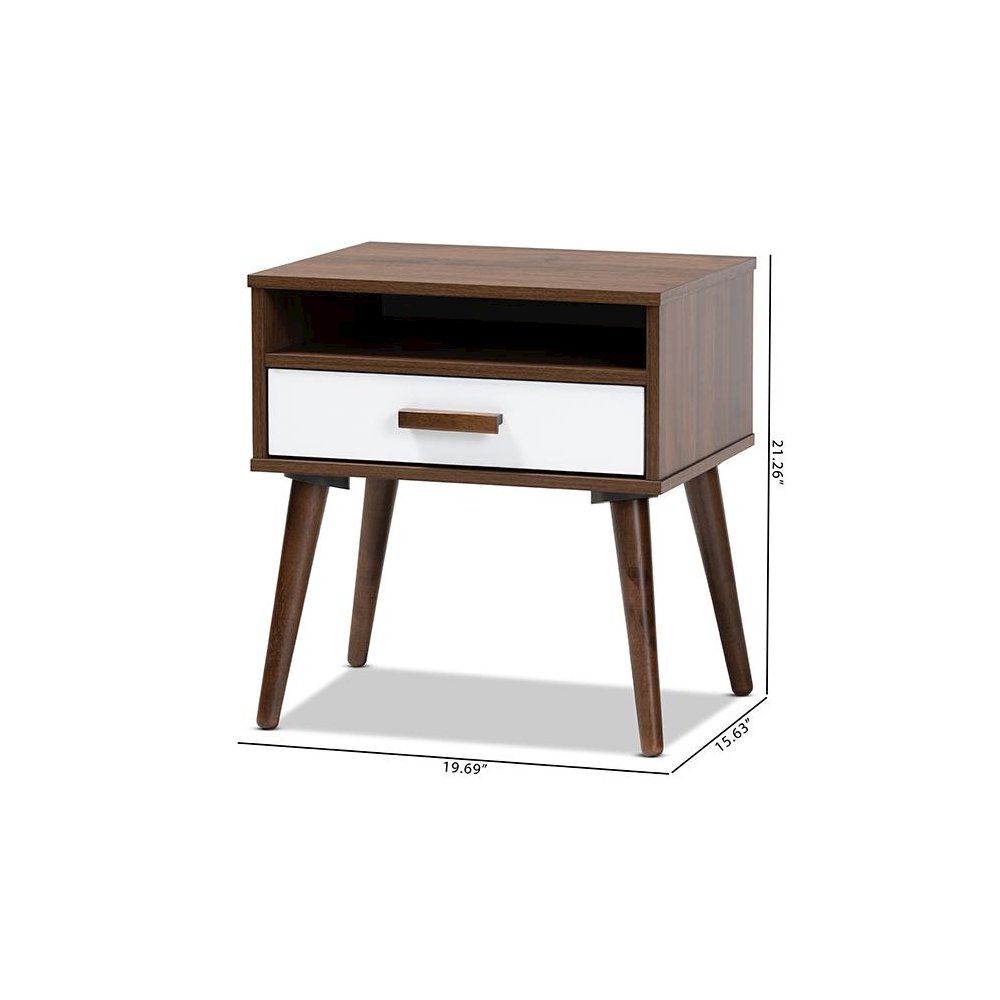 Two-Tone White and Walnut Finished 1-Drawer Wood End Table