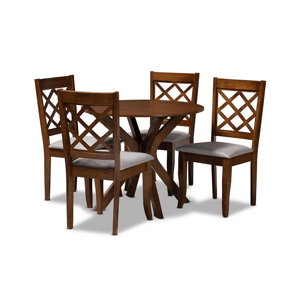 Grey Fabric Upholstered and Walnut Brown Finished Wood 5-Piece Dining Set
