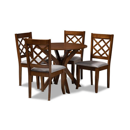 Grey Fabric Upholstered and Walnut Brown Finished Wood 5-Piece Dining Set