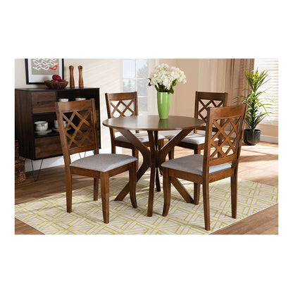Grey Fabric Upholstered and Walnut Brown Finished Wood 5-Piece Dining Set