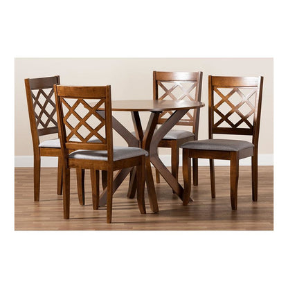 Grey Fabric Upholstered and Walnut Brown Finished Wood 5-Piece Dining Set