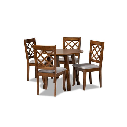 Grey Fabric Upholstered and Walnut Brown Finished Wood 5-Piece Dining Set