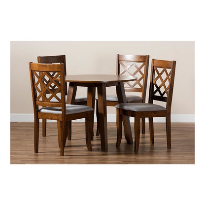 Grey Fabric Upholstered and Walnut Brown Finished Wood 5-Piece Dining Set