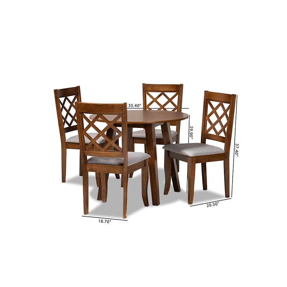 Grey Fabric Upholstered and Walnut Brown Finished Wood 5-Piece Dining Set