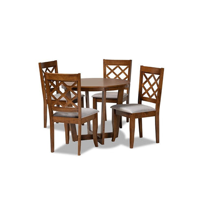 Grey Fabric Upholstered and Walnut Brown Finished Wood 5-Piece Dining Set