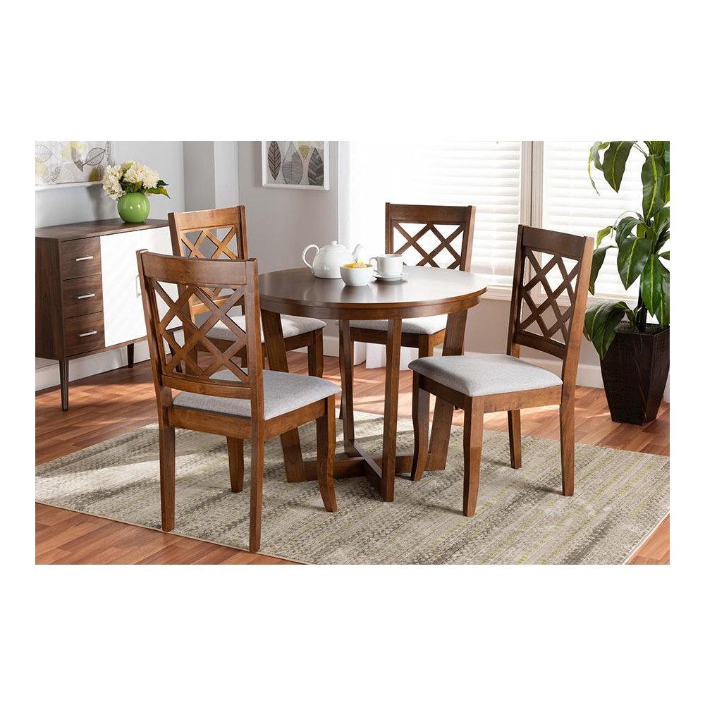 Grey Fabric Upholstered and Walnut Brown Finished Wood 5-Piece Dining Set