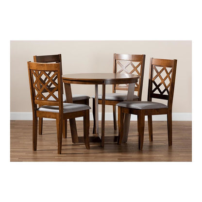 Grey Fabric Upholstered and Walnut Brown Finished Wood 5-Piece Dining Set