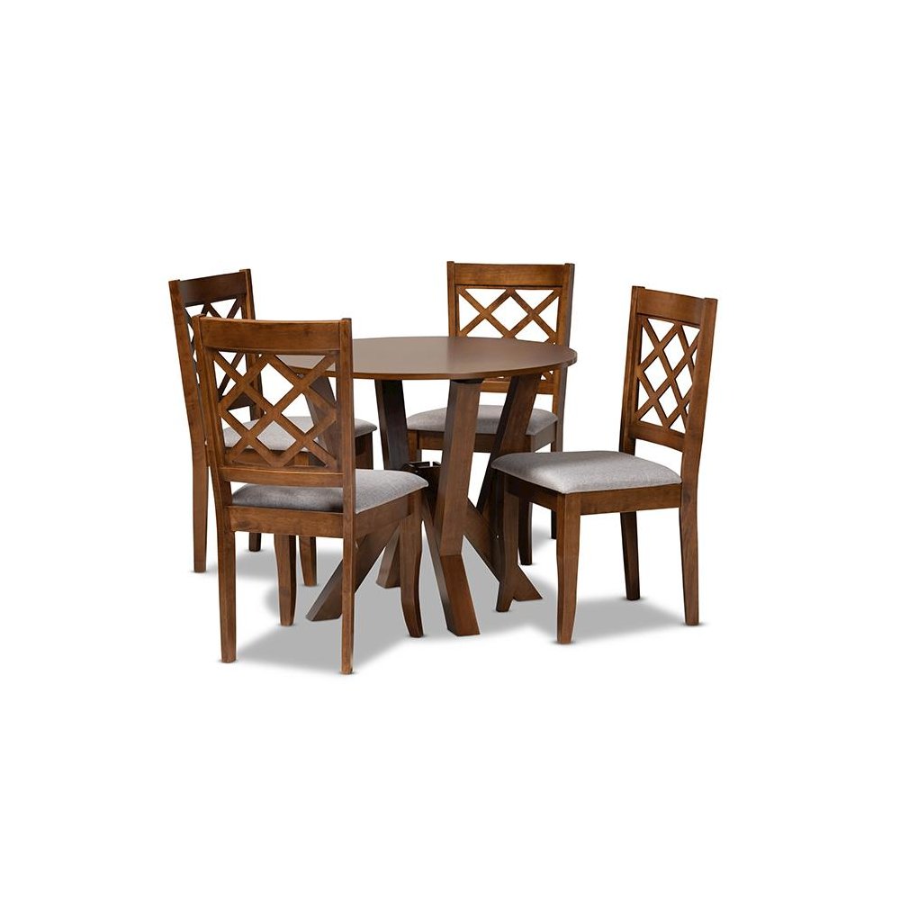 Grey Fabric Upholstered and Walnut Brown Finished Wood 5-Piece Dining Set