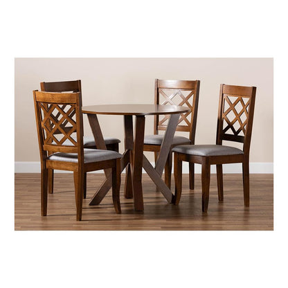 Grey Fabric Upholstered and Walnut Brown Finished Wood 5-Piece Dining Set