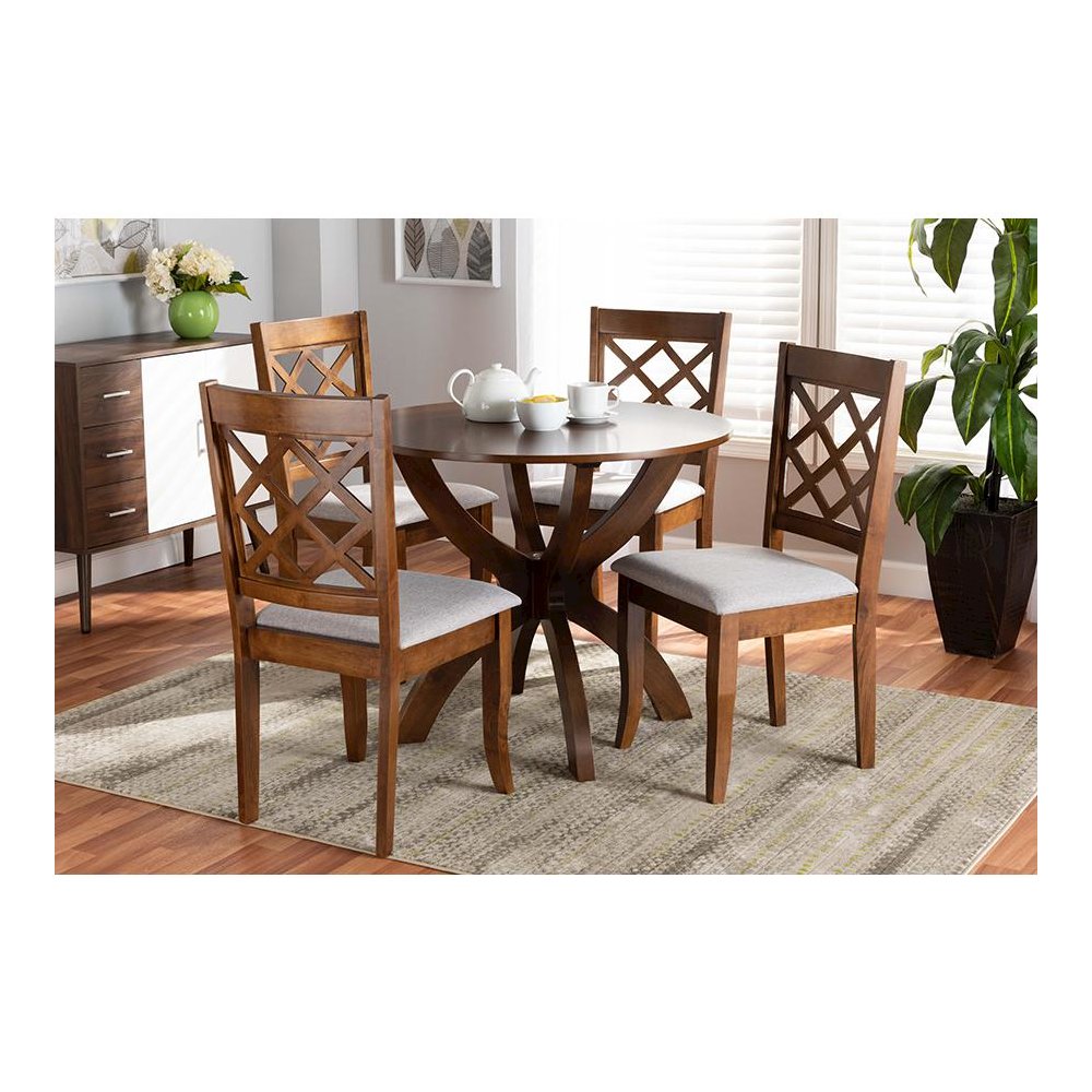 Grey Fabric Upholstered and Walnut Brown Finished Wood 5-Piece Dining Set