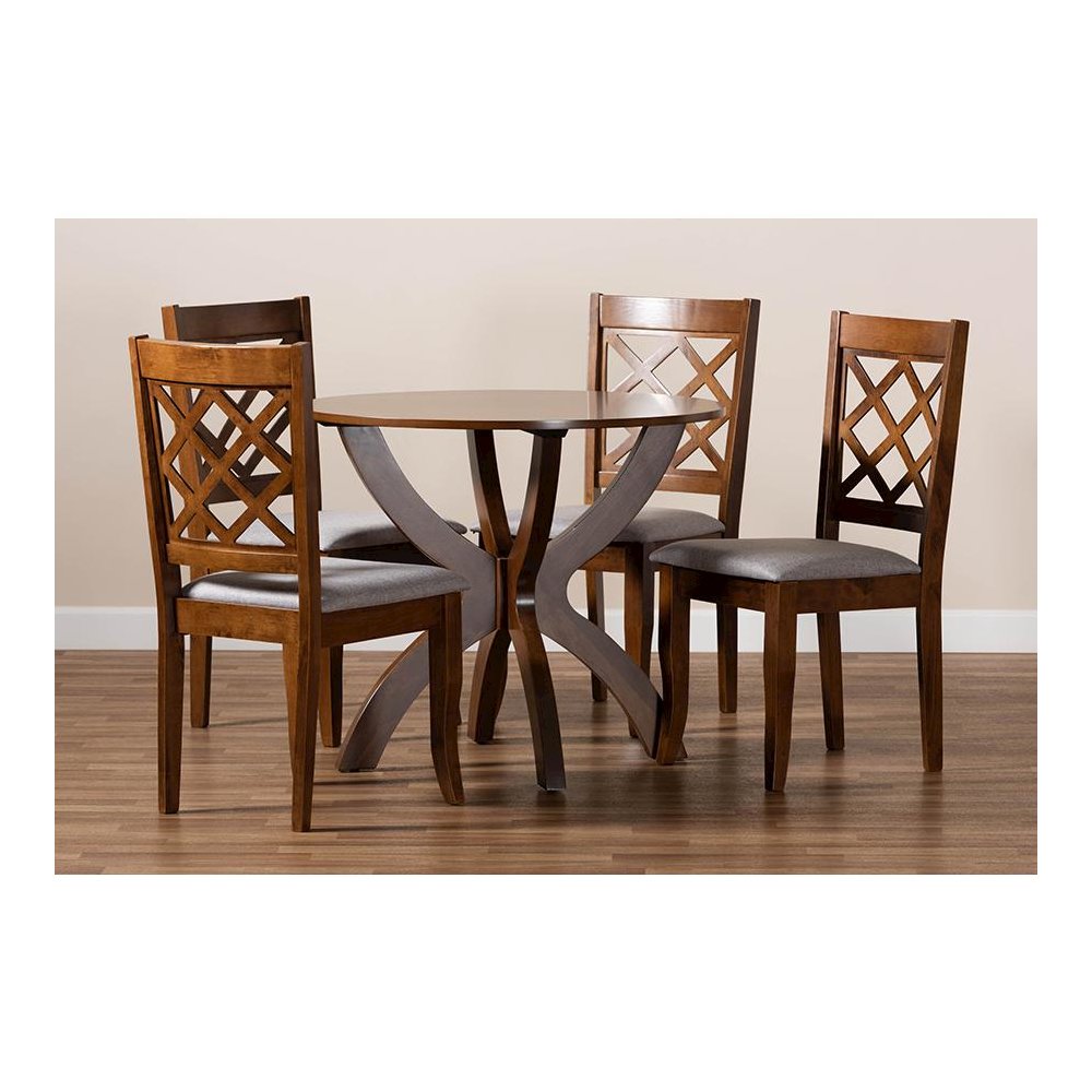 Grey Fabric Upholstered and Walnut Brown Finished Wood 5-Piece Dining Set