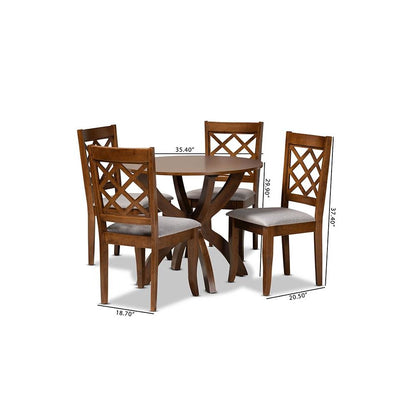 Grey Fabric Upholstered and Walnut Brown Finished Wood 5-Piece Dining Set