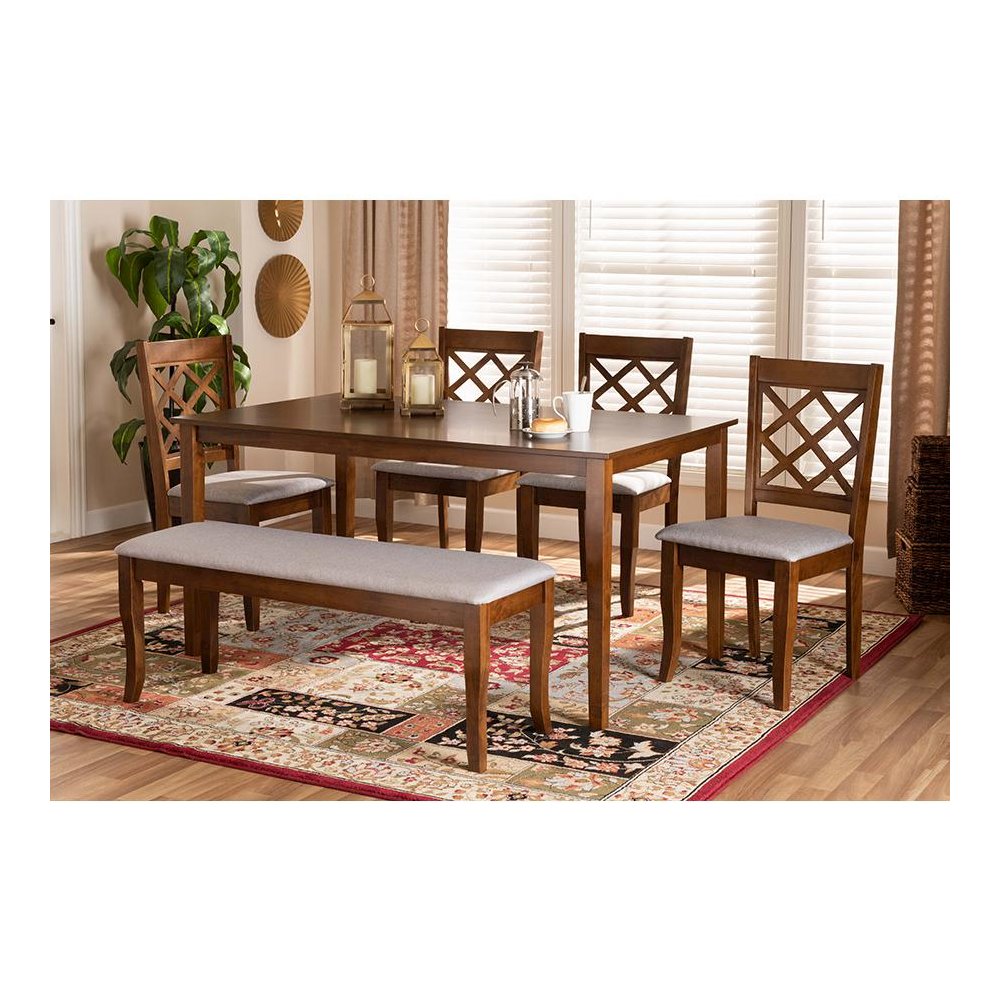 Grey Fabric Upholstered and Walnut Brown Finished Wood 6-Piece Dining Set