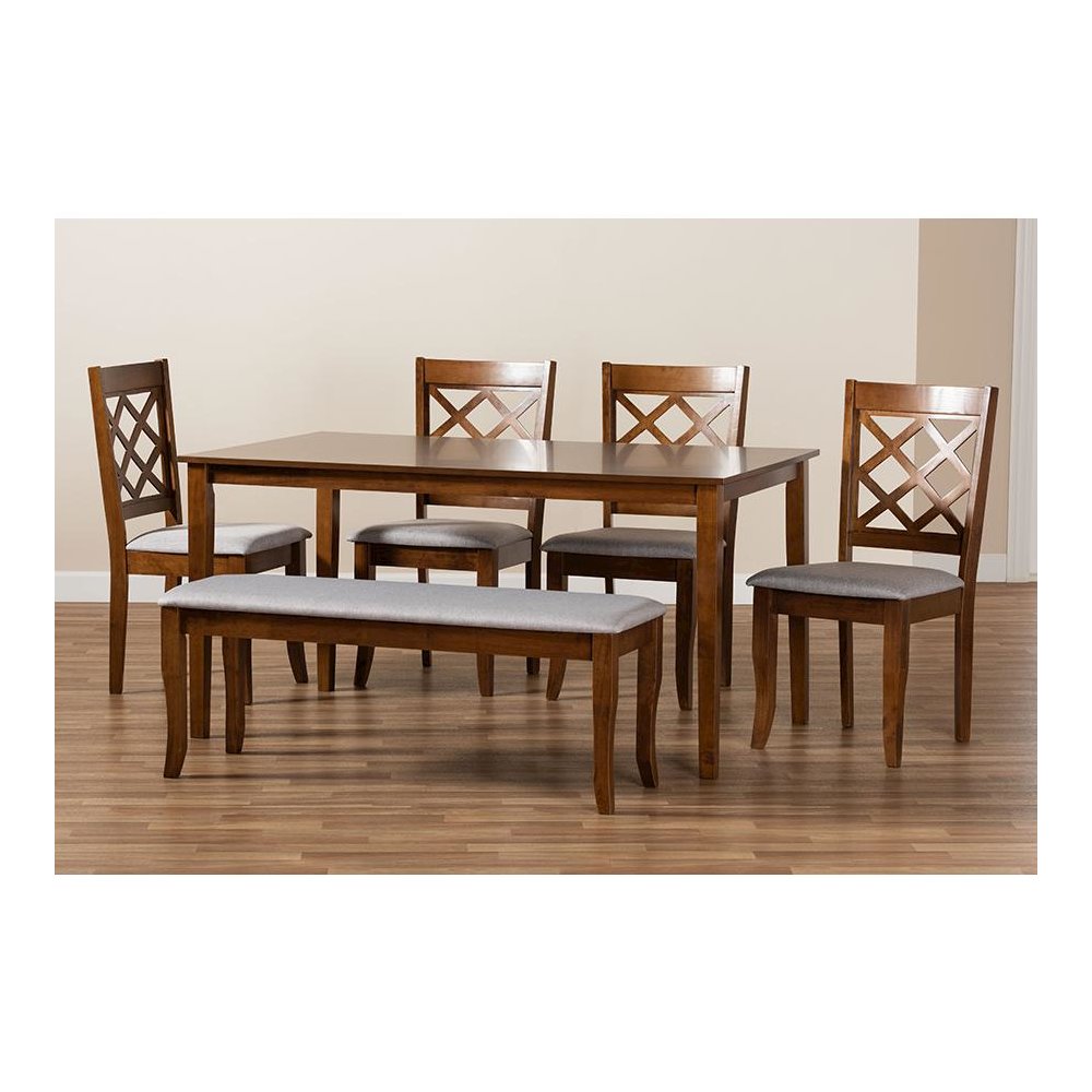 Grey Fabric Upholstered and Walnut Brown Finished Wood 6-Piece Dining Set
