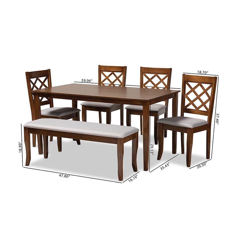 Grey Fabric Upholstered and Walnut Brown Finished Wood 6-Piece Dining Set