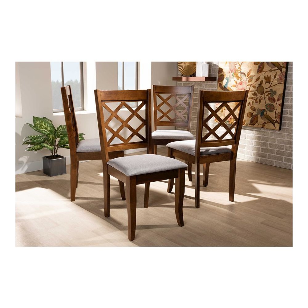Grey Fabric Upholstered and Walnut Brown Finished Wood 4-Piece Dining Chair Set