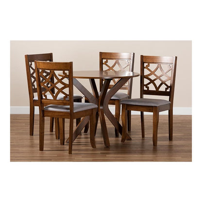 Grey Fabric Upholstered and Walnut Brown Finished Wood 5-Piece Dining Set
