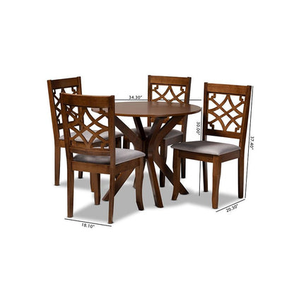 Grey Fabric Upholstered and Walnut Brown Finished Wood 5-Piece Dining Set