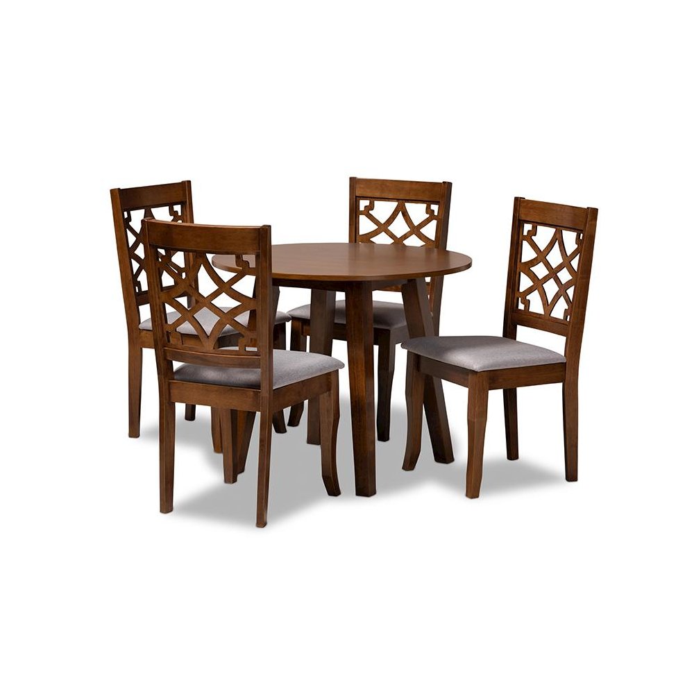Grey Fabric Upholstered and Walnut Brown Finished Wood 5-Piece Dining Set