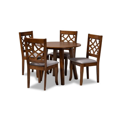 Grey Fabric Upholstered and Walnut Brown Finished Wood 5-Piece Dining Set
