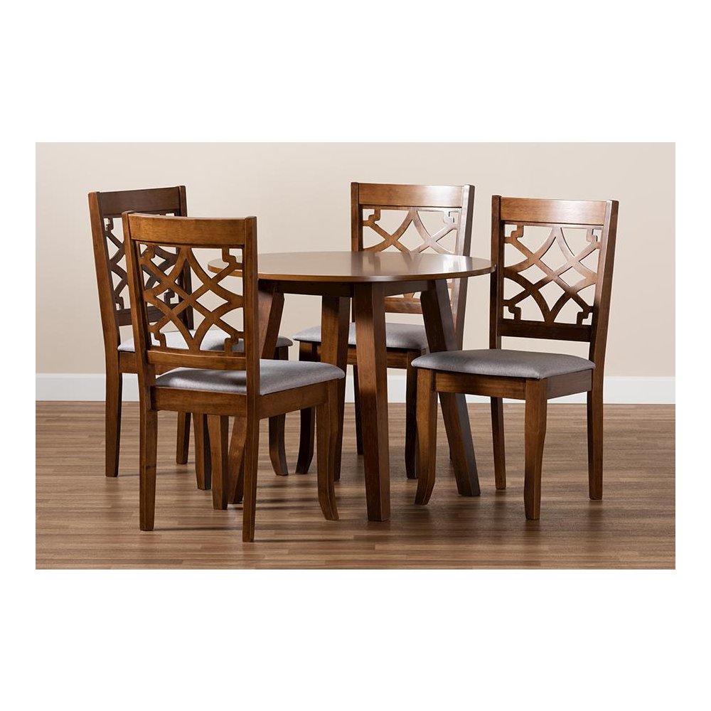 Grey Fabric Upholstered and Walnut Brown Finished Wood 5-Piece Dining Set
