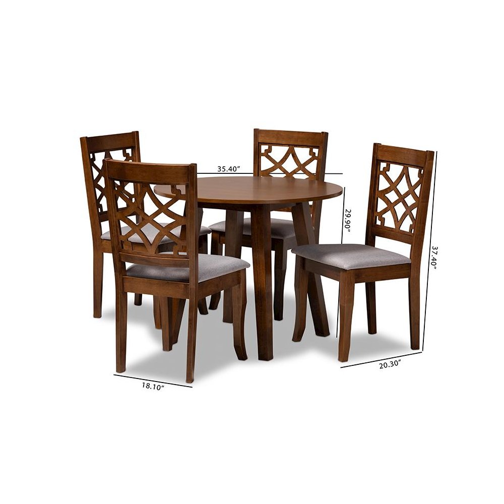 Grey Fabric Upholstered and Walnut Brown Finished Wood 5-Piece Dining Set