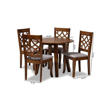 Grey Fabric Upholstered and Walnut Brown Finished Wood 5-Piece Dining Set