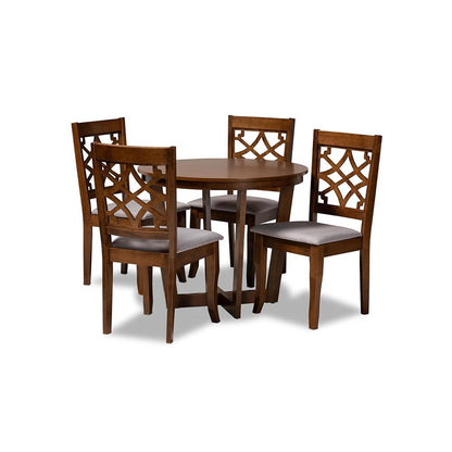 Grey Fabric Upholstered and Walnut Brown Finished Wood 5-Piece Dining Set