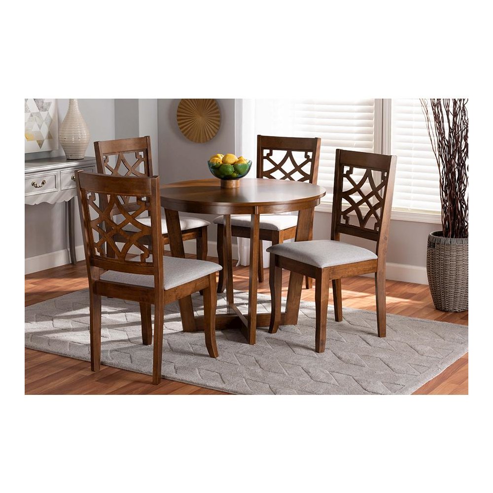 Grey Fabric Upholstered and Walnut Brown Finished Wood 5-Piece Dining Set