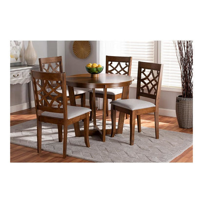 Grey Fabric Upholstered and Walnut Brown Finished Wood 5-Piece Dining Set
