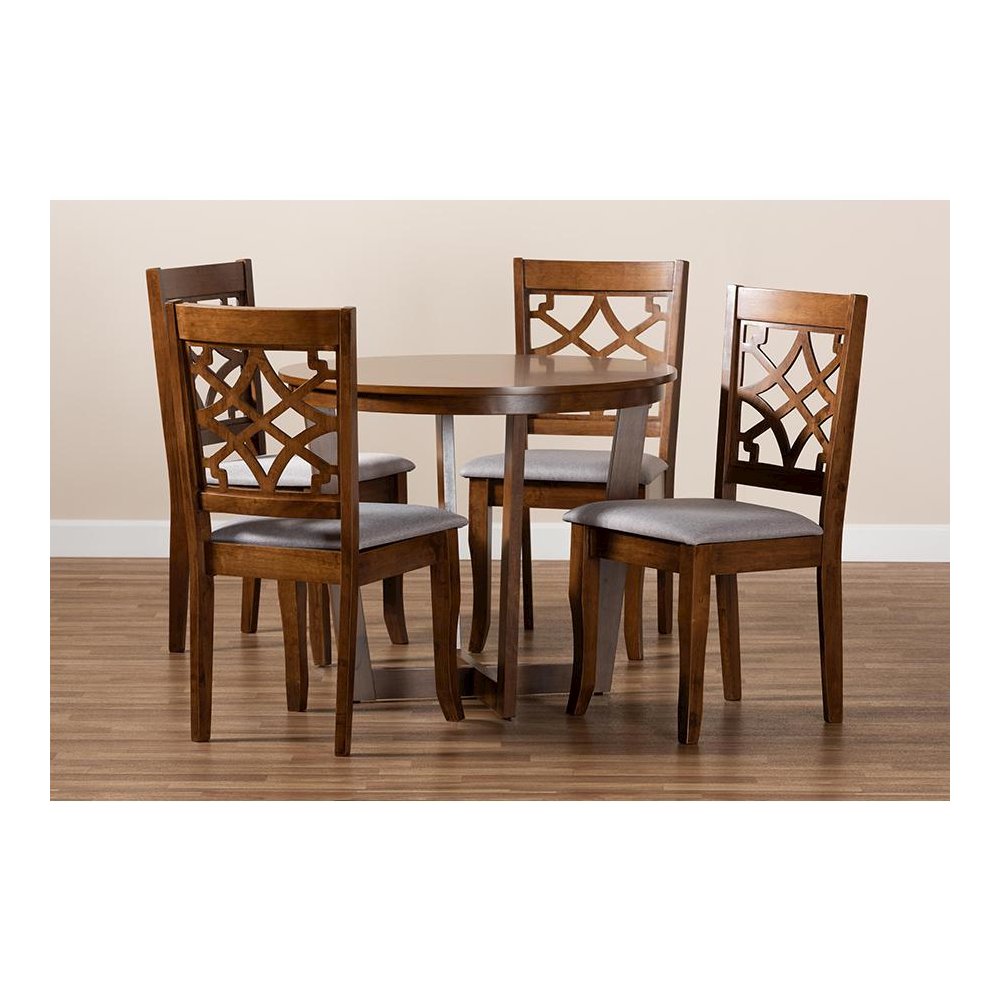 Grey Fabric Upholstered and Walnut Brown Finished Wood 5-Piece Dining Set