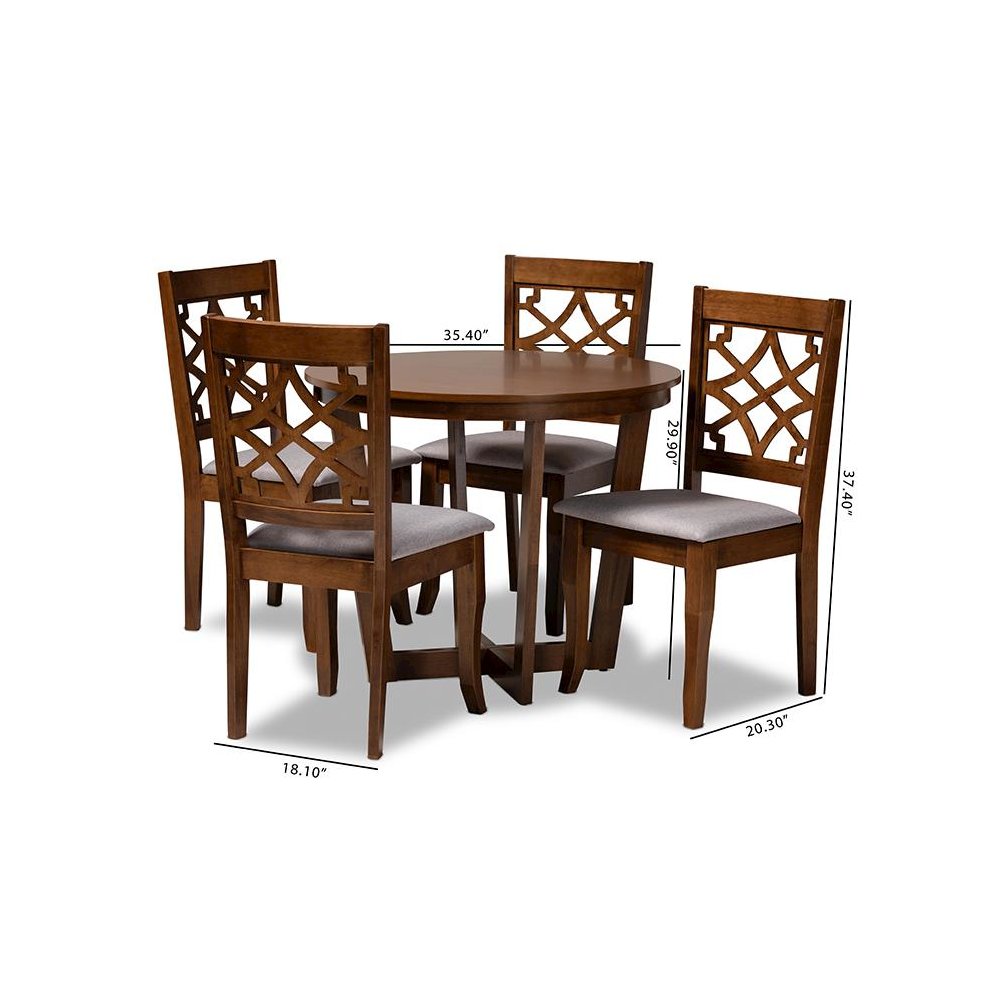 Grey Fabric Upholstered and Walnut Brown Finished Wood 5-Piece Dining Set