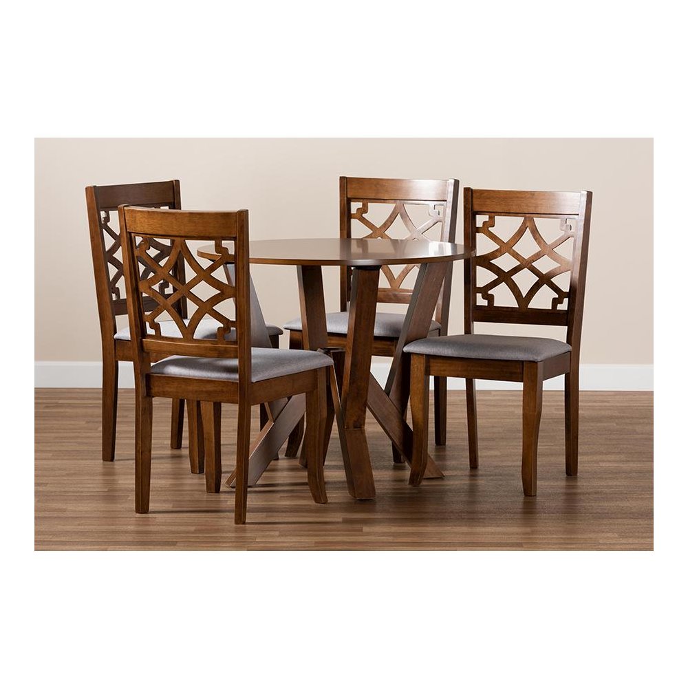 Grey Fabric Upholstered and Walnut Brown Finished Wood 5-Piece Dining Set