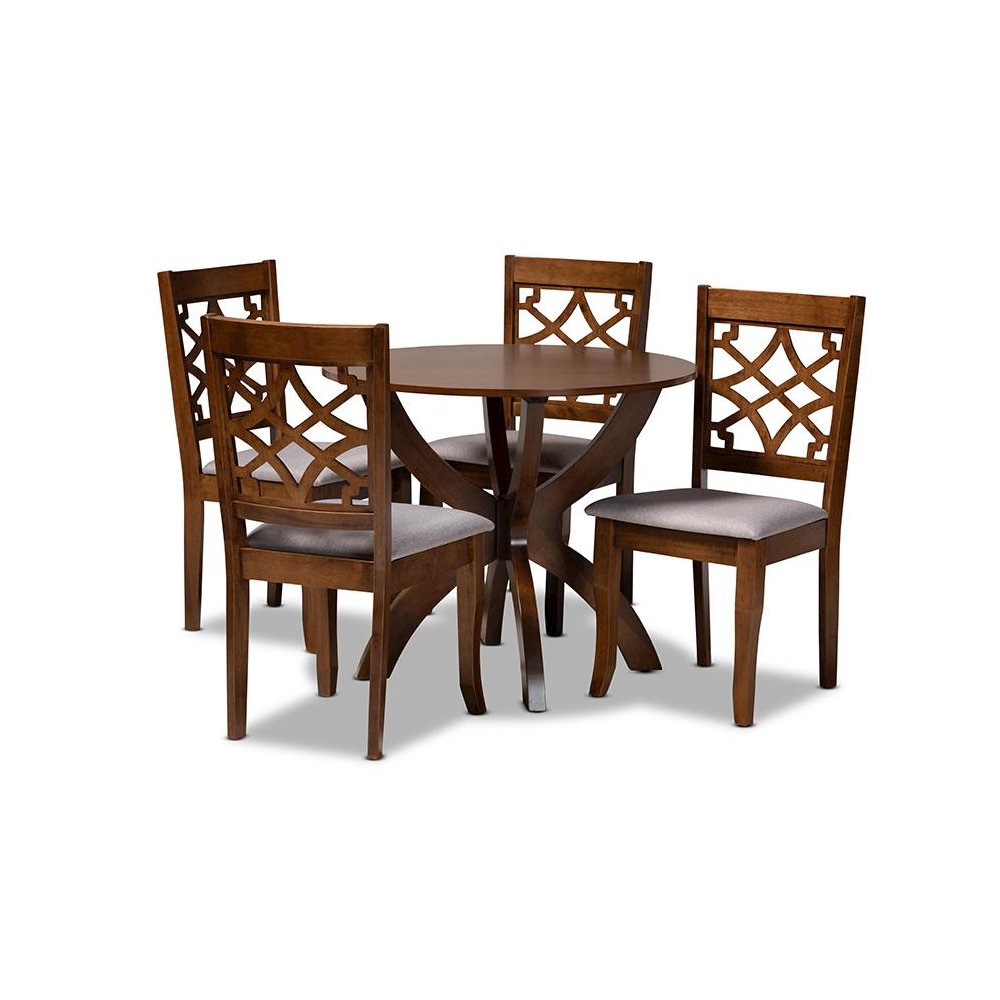 Grey Fabric Upholstered and Walnut Brown Finished Wood 5-Piece Dining Set