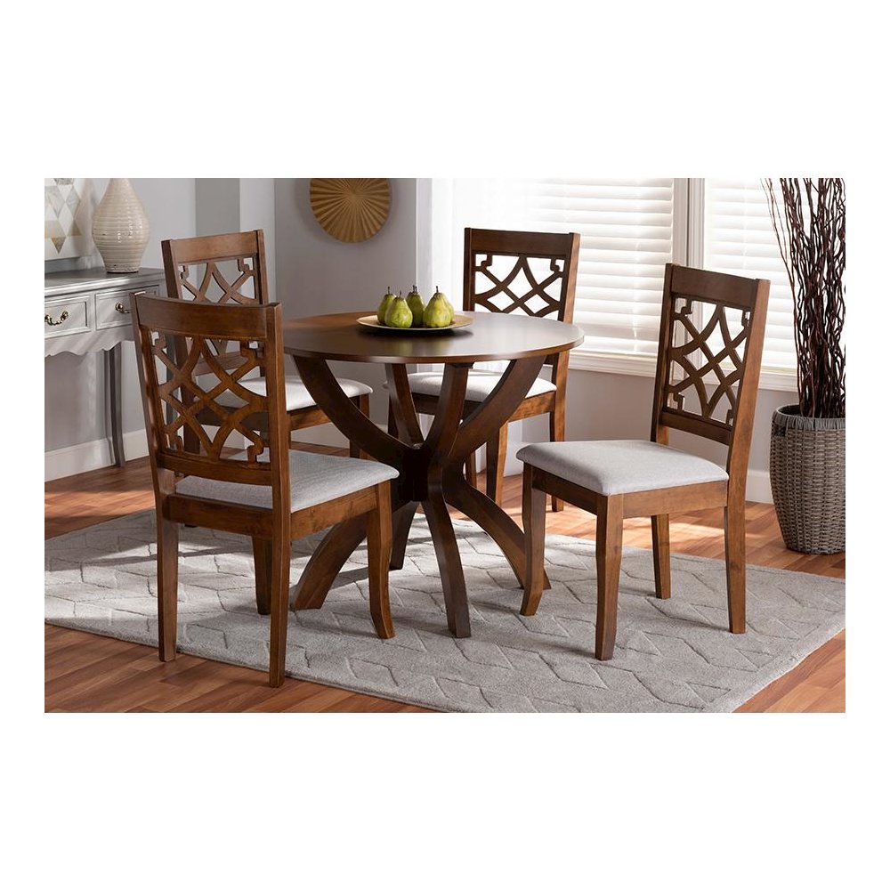 Grey Fabric Upholstered and Walnut Brown Finished Wood 5-Piece Dining Set