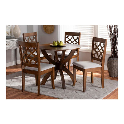 Grey Fabric Upholstered and Walnut Brown Finished Wood 5-Piece Dining Set