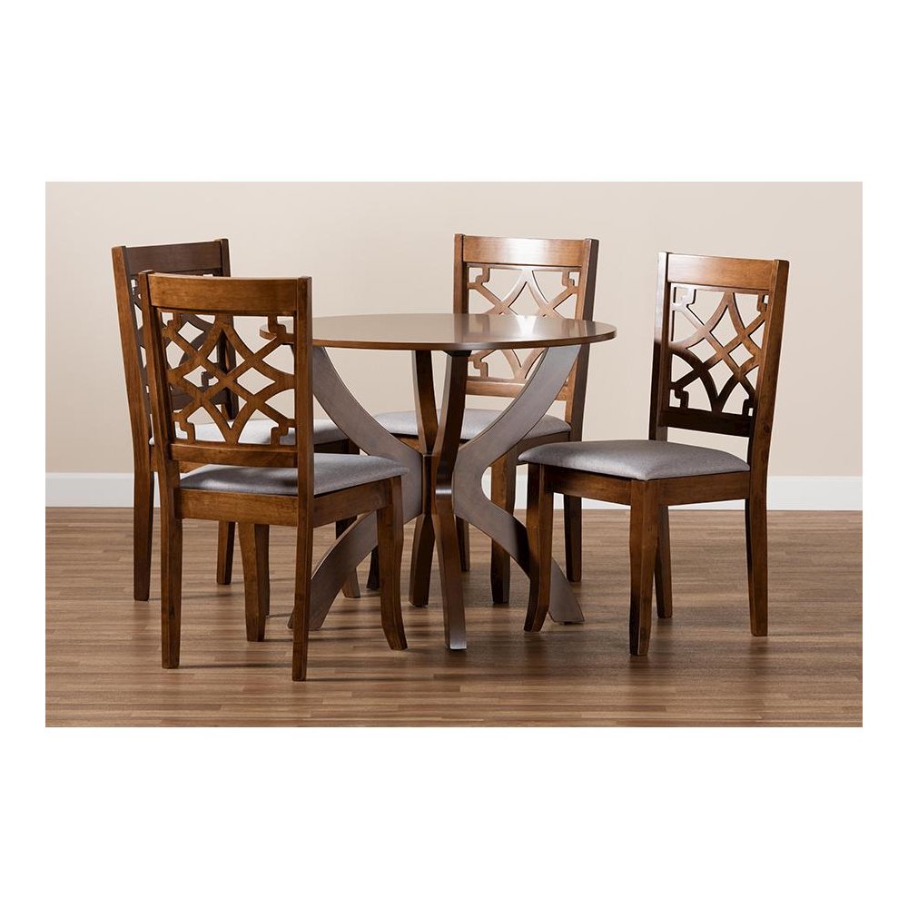 Grey Fabric Upholstered and Walnut Brown Finished Wood 5-Piece Dining Set