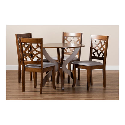 Grey Fabric Upholstered and Walnut Brown Finished Wood 5-Piece Dining Set