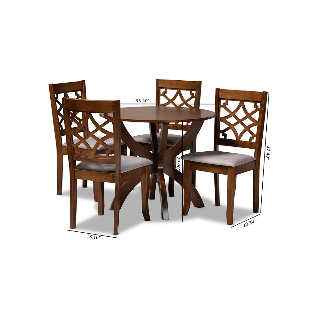 Grey Fabric Upholstered and Walnut Brown Finished Wood 5-Piece Dining Set