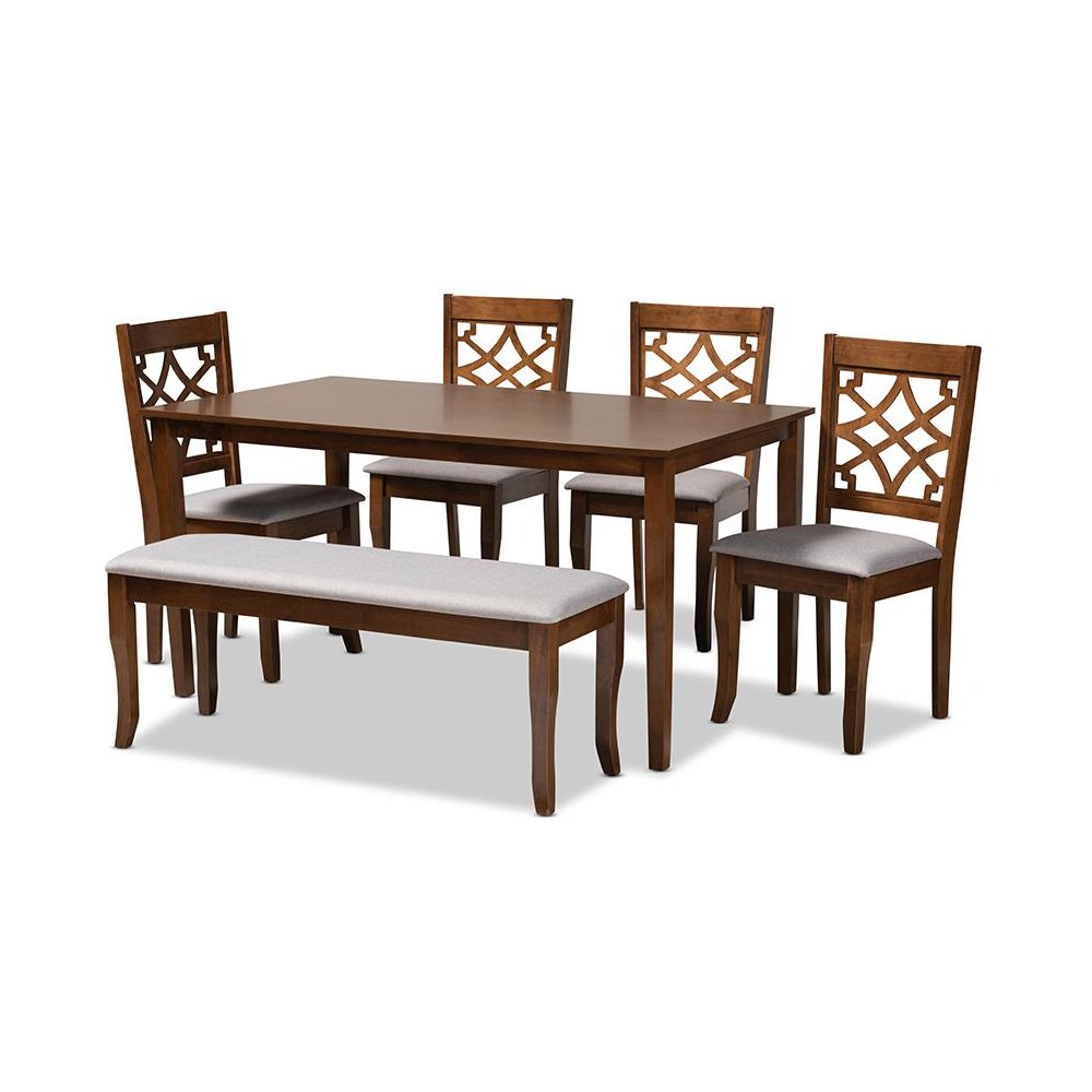 Grey Fabric Upholstered and Walnut Brown Finished Wood 6-Piece Dining Set