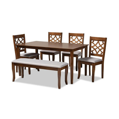 Grey Fabric Upholstered and Walnut Brown Finished Wood 6-Piece Dining Set